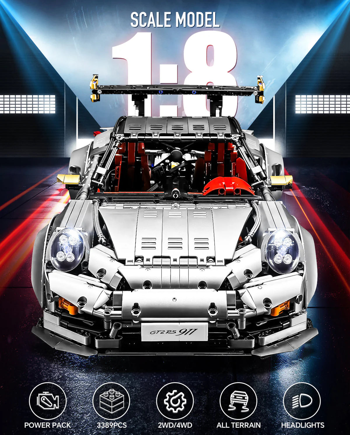 1: 8 Sliver Porsche GT2 RS with Electric Suspension Lifting