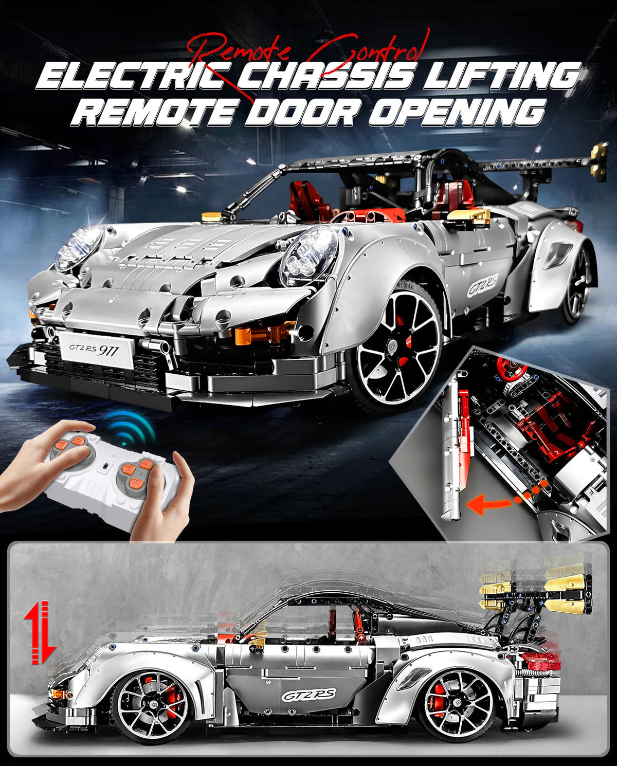 1: 8 Sliver Porsche GT2 RS with Electric Suspension Lifting