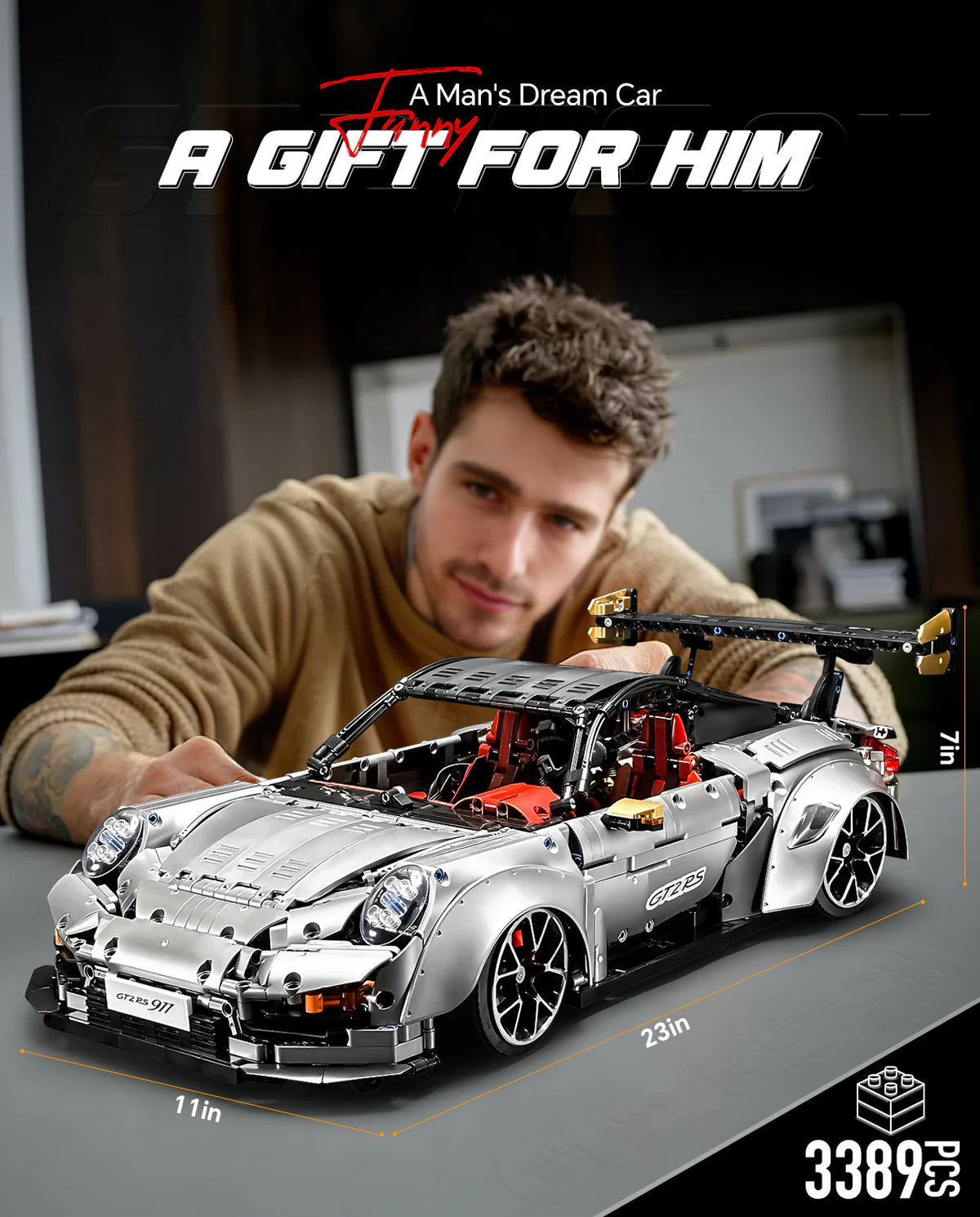 1: 8 Sliver Porsche GT2 RS with Electric Suspension Lifting